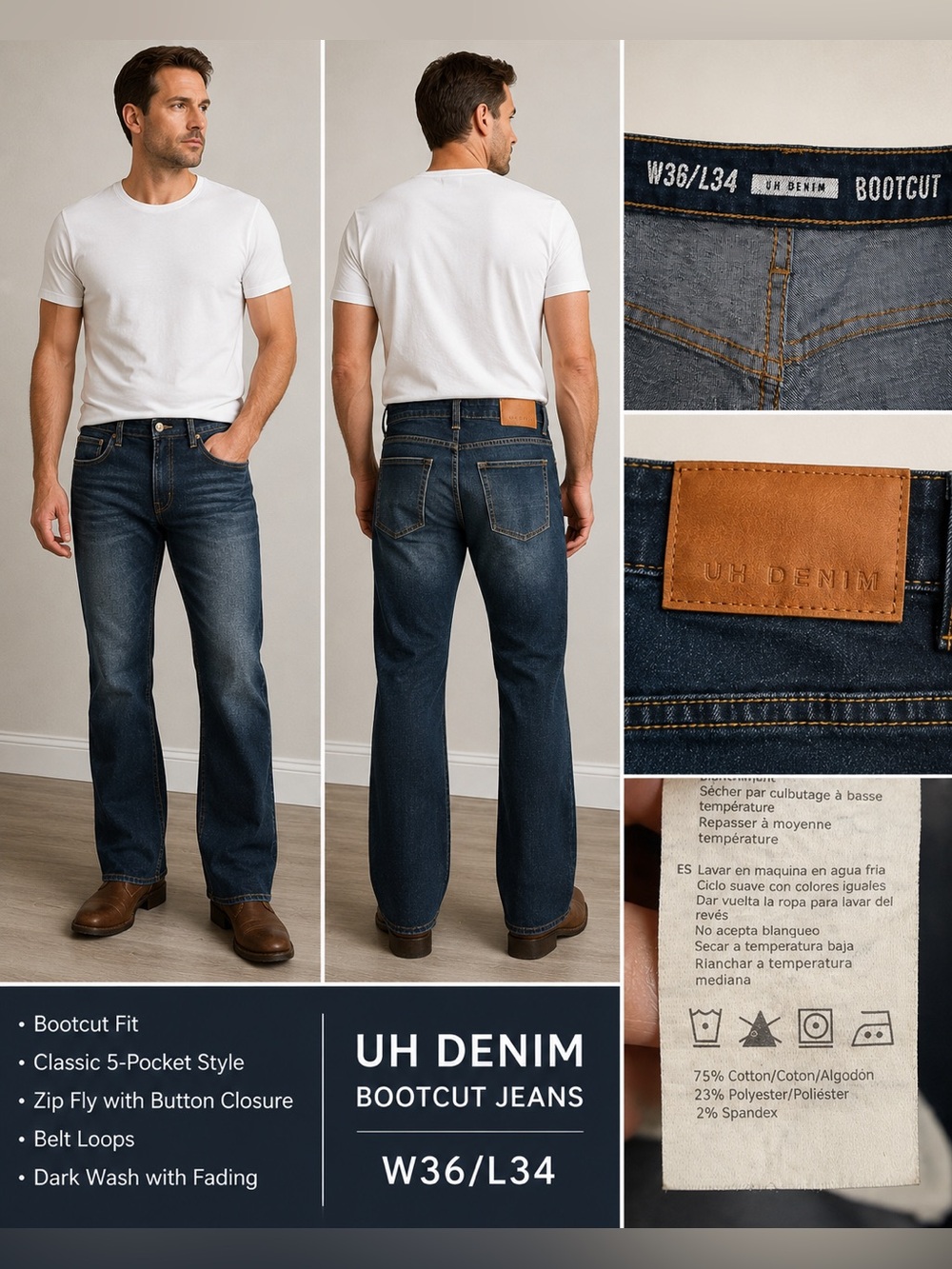 UH Denim Men’s Bootcut Dark Wash Stretch Jeans W36 L34 Classic 5-Pocket